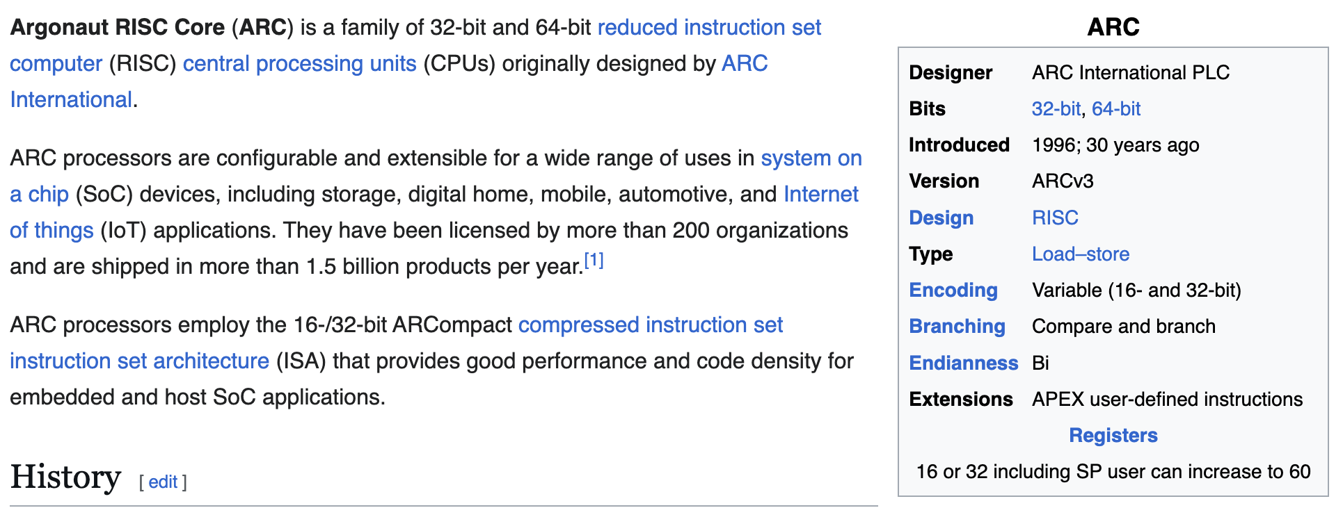 ARC CPU architecture from Wikipedia
