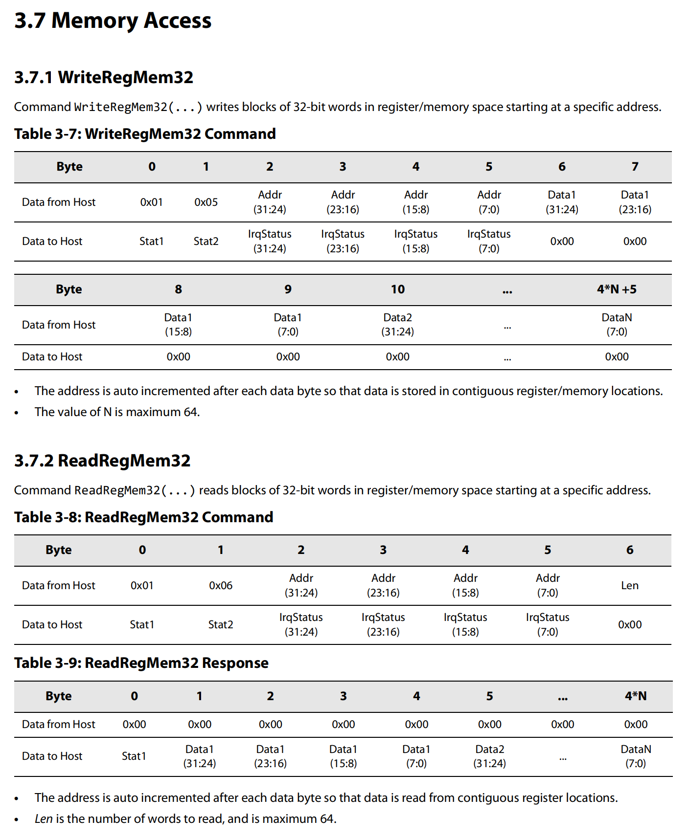 screenshot of user manual's ReadRegMem32 and WriteRegMem32 commands